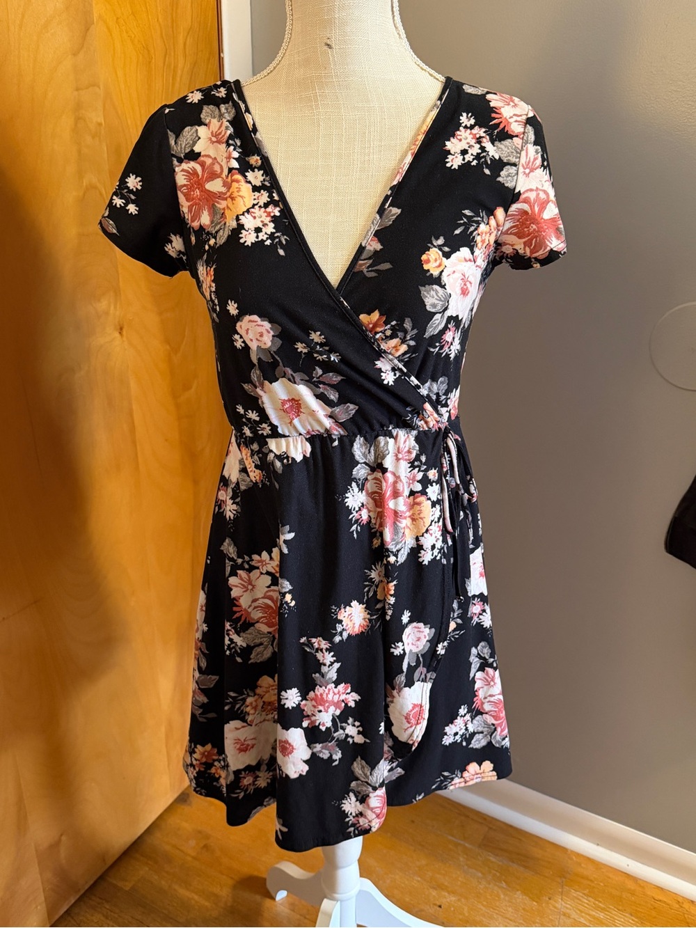 Derek Heart Black Wrap Mini Dress with Pink & Peach Floral